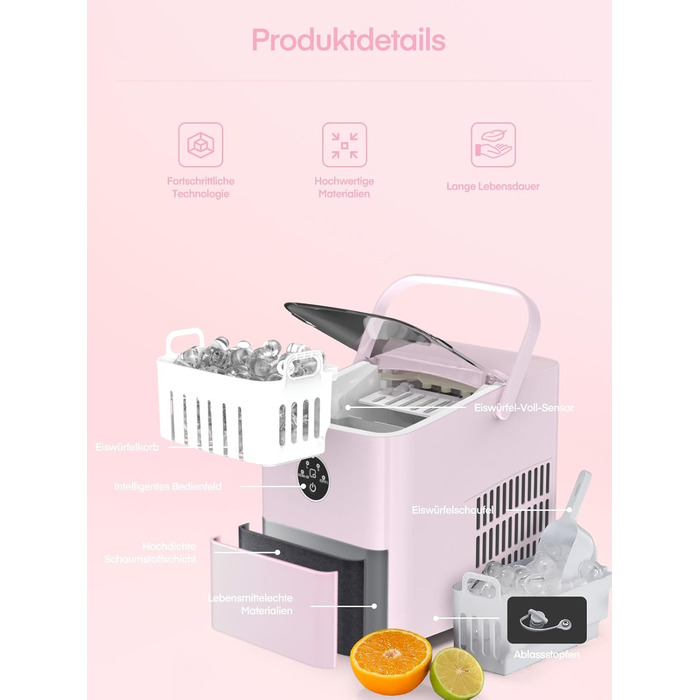 Льодогенератор Fohere 14 кг/24 год, рожевий: швидке виробництво льоду (5 хв), 2 розміри кулеподібного льоду, самоочищення, з ручкою та лопаткою для льоду