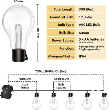 Вулична гірлянда DSLebeen з таймером 9 м і 12 лампочками, Світлодіодна гірлянда з дистанційним управлінням A60 з 8 режимами, гірлянда IP64
