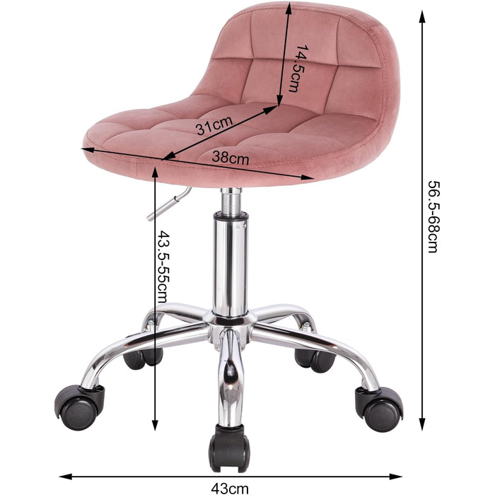 Стілець офісний WOLTU, регульований по висоті, на колесах, низька спинка, висота сидіння 43,5-55 см, оксамит, BS131dgr (рожевий)