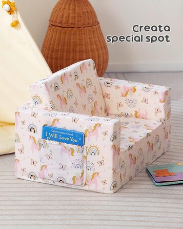 Дитяче розкладне диван-крісло BEJOY 2 в 1, Sherpa, з єдинорогом, бежевий, для дитячої кімнати, подарунок на день народження