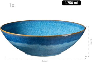 Набір з 7 керамічних мисок, 1 великої миски та 6 мисок для салатів, мюслі, супів або пасти, з вінтажною блакитною глазур'ю, керамогранітом, королівським синім, 931947 Серія Ossia