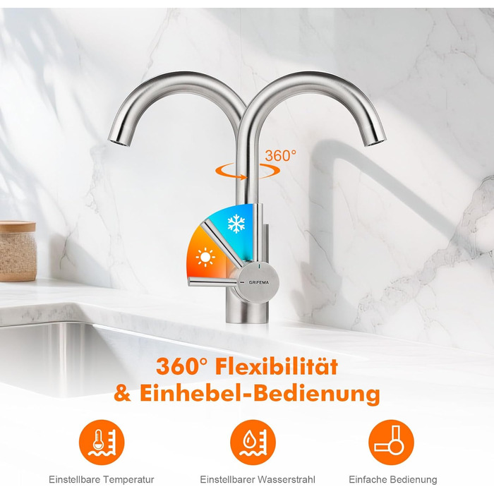 Змішувач для ванної кімнати GRIFEMA, 360° поворотний, однорідний, нержавіюча сталь, 180 мм, холодна та гаряча вода, економія води, проста установка, 3/8″ з'єднання, для гостьового туалету, G1002A сірий