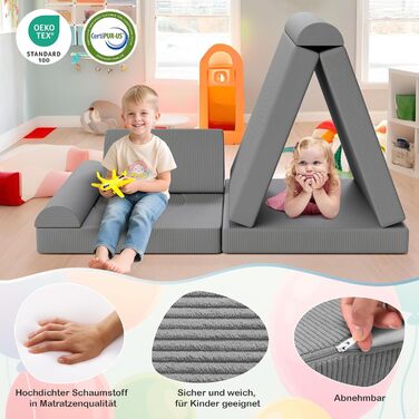 Дитяче ігрове диван-ліжко модульне, 15 частин, сірий, з сертифікатом Oeko-Tex® 100