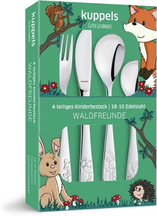 Набір дитячого посуду Kinderbesteck Set 4-teilig з персоналізацією - іменна гравіювання на ніж, виделку, ложку та чайну ложку. Ідеальний подарунок на народження, хрещення, день народження (тематика: лісові друзі)
