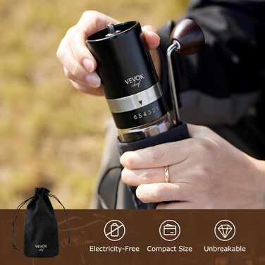 Ручна кавомолка VEVOK CHEF з нержавіючої сталі з керамічним жорном, регульована ступінь помолу, вінтажний дизайн, портативна, для дому та кемпінгу (чорний)