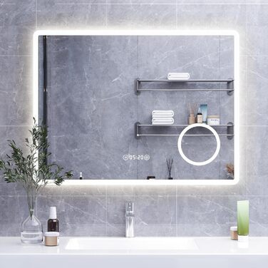 Дзеркало для ванної кімнати HySail з підсвічуванням, 5 мм, висока роздільна здатність, срібне покриття, 3 колірні температури, регульована яскравість, антизапар, сенсорне керування, прямокутне (3 кольори + регулювання + дзеркало для макіяжу + годинник, 80