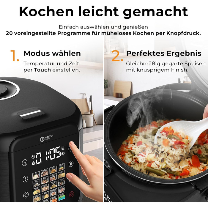 Бальтер рисоварка-мультиварка 4л з Fuzzy Logic, функцією приготування на пару та повільним приготуванням, таймером, підігрівом, преміум-посудинами, аксесуарами та книгою рецептів (20 програм)