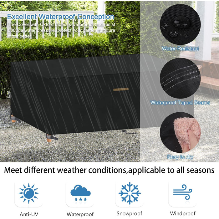 Водонепроникний чохол для садово-патіо меблів VANSHEIM, 60x60x60 см / 200x100x71 см, захисна накривка для столу та групи, з вентиляційними отворами, вітростійкий