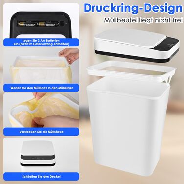 Набір з 2 відер для сміття з сенсором, 12л, автоматичний відкривання кришки, 3 режими роботи, тихе, водонепроникне, інтелектуальне відро для сміття, для кухні, офісу, вітальні, ванної кімнати (Чорний+Білий)