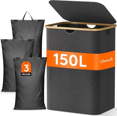 Кошик для білизни Lifewit 150L з кришкою, сортувальник для білизни з 3 відділеннями, велика коробка для білизни, сірий