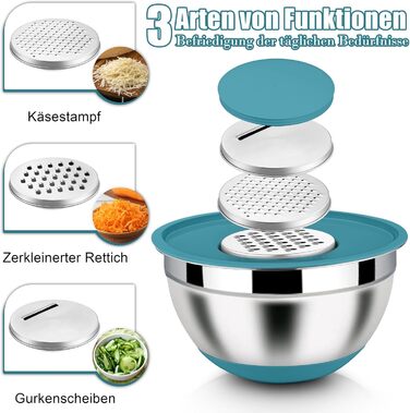 Набір місок Homikit з нержавіючої сталі, 6 шт. з тертками, кришками та силіконовим дном, 4.6L/2.8L/2.5L/1.6L/1.2L/0.7L, блакитний