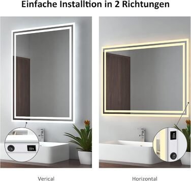 Дзеркало для ванної кімнати EMKE з підсвічуванням 50x60 см, з вимикачем-кришкою, антивміст, 2 кольори світла (тепле/холодне), LED, горизонтальне/вертикальне встановлення