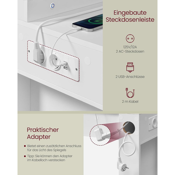 Трюмо VASAGLE з LED-підсвічуванням, дзеркалом та ящиками, 40 x 125 x 140 см, сучасний дизайн, колір