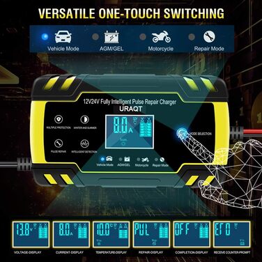 Зарядний пристрій для акумулятора URAQT 8A: 12V/24V, розумна автоматична зарядка для авто, LCD дисплей, режим ремонту, захист, для авто, вантажівок, газонокосарок, човнів