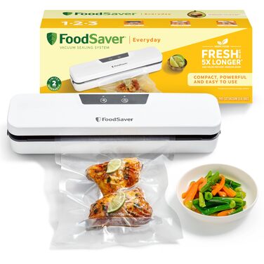 Універсальна система вакуумування продуктів FoodSaver Design Compact, ручний вакууматор, сріблястий (1 рулон, 4 вакуумні пакети, 4 зип-пакети)