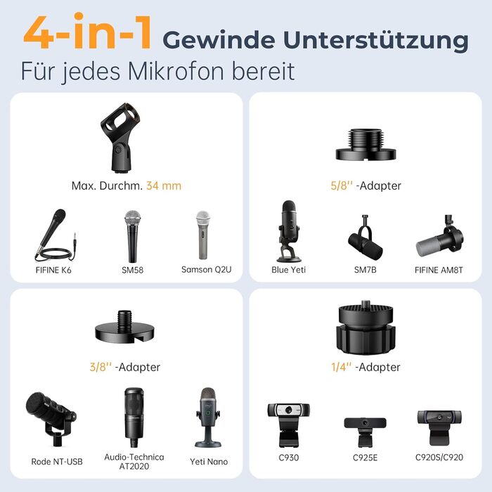 Тримач для мікрофона на стіл, регульований кронштейн 1/4-3/8-5/8 дюйми для Blue Yeti, Fifine, HyperX, мікрофонів/веб-камер/DSLR камер для студії, подкастів, стрімінгу (7-50 см)