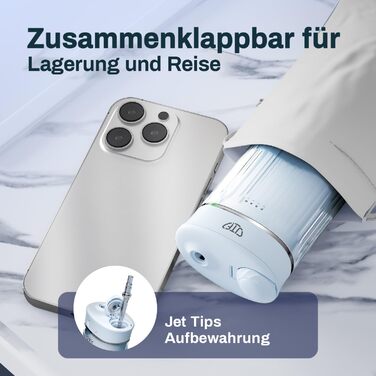 Портативний електричний іригатор для порожнини рота JTF Munddusche Mini, бездротовий, для подорожей, з 5 насадок, 4 режими, 230 мл, водонепроникний (IPX7, блакитний)