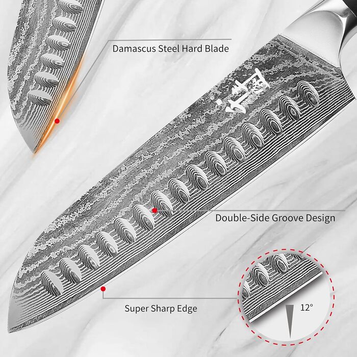 Дамаскенський сантоку 18 см - професійний ніж для кухні з дерев'яною ручкою, високовуглецева сталь, VG10, нержавіюча сталь