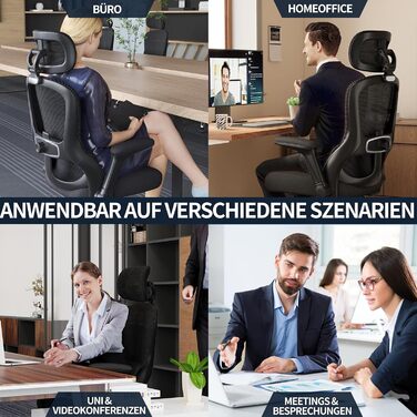Офісне крісло TRALT Ergonomiczne: регульована підголовник, поперекова підтримка, для великих людей, сітка, 150 кг, чорний