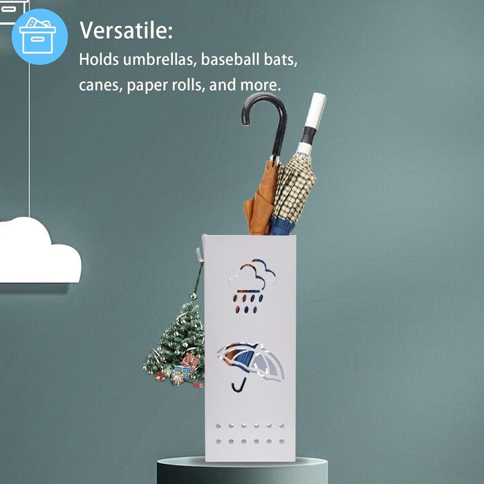 Металева підставка для парасоль та тростинок, біла, 15.2 x 15.2 x 43.2 см, з 4 гачками