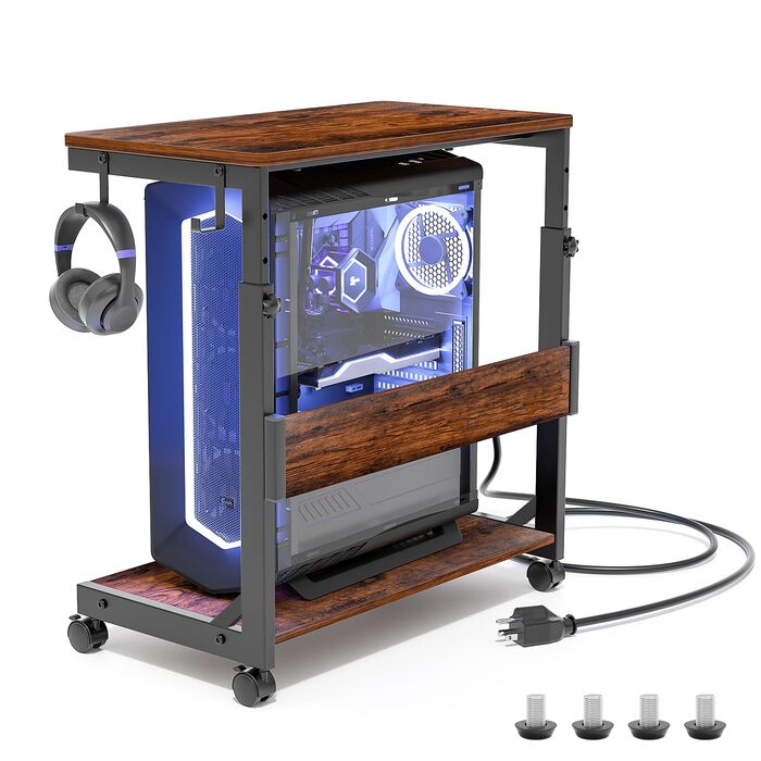 Регульована підставка для комп'ютерного блоку з 2 полицями та місцем для зберігання – для корпусів ATX, принтерів, з фіксуючими роликами (Темно-коричневий, B64 x T34 x H59-84,5cm)