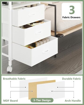 Нічний столик з 3 шухлядами, зарядний станція, 2 розетки AC та 2 USB, з роликами, білий