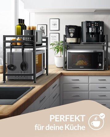 Підставка для мікрохвильової печі та кухонна полиця, сталева, 2-ярусна | Підставка для мікрохвильовки, шафка для мікрохвильовки, полиця для зберігання, полиця пекаря | Регульована висота та довжина, інструкція у відеоформаті, гачки - Чорний колір, 2 яруси