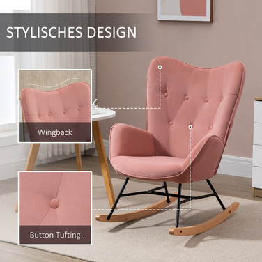 Крісло-гойдалка з степваним покриттям, дерев'яними ніжками, оксамитовою текстурою, до 150 кг, Рожеве
