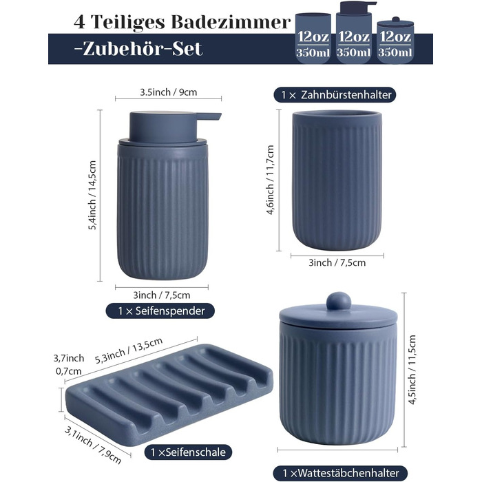 Набір для ванної кімнати блакитний, 4 шт. з кераміки: дозатор для мила 350 мл, стаканчик для зубної щітки, мильниця, контейнер для ватних паличок. Декоративний набір для раковини