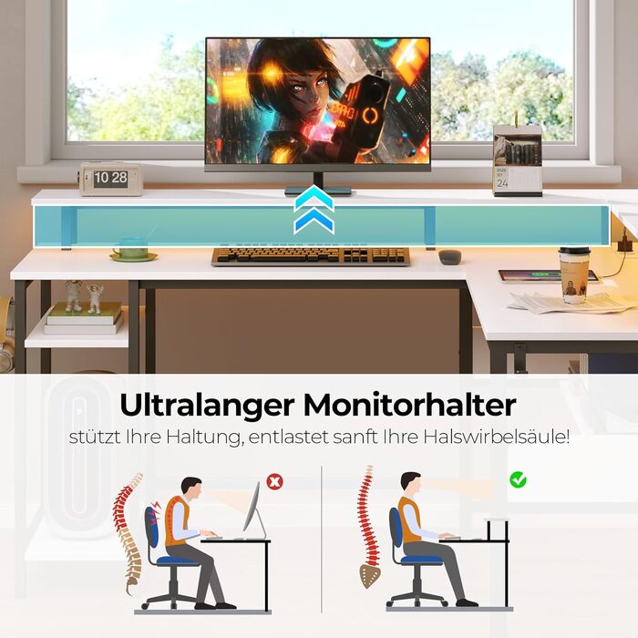 Ігровий стіл Rolanstar L-подібної форми з LED-підсвічуванням та розеткою, 137 x 108 см, комп'ютерний стіл з підставкою для монітора та місцем для зберігання, реверсивний кутовий стіл для офісу, домашнього офісу (Білий)