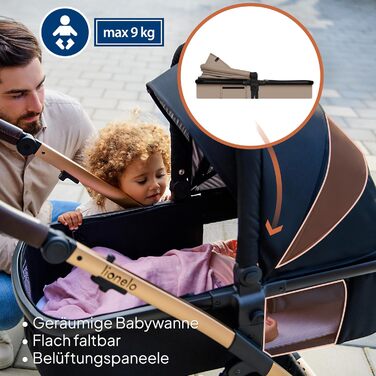 Дитяча коляска Lionelo Amber 3-в-1: люлька, автокрісло i-Size, прогулянковий блок, резина, поворотні колеса, великий капюшон UPF 50+, сумка, москітна сітка, дощовик (Бежево-пісочний)