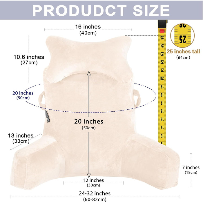 Велике крісло-мішок для читання, 78,7 см, з підголовником та підлокітниками, спинка для читання та відпочинку, сірий (бежевий, середній)