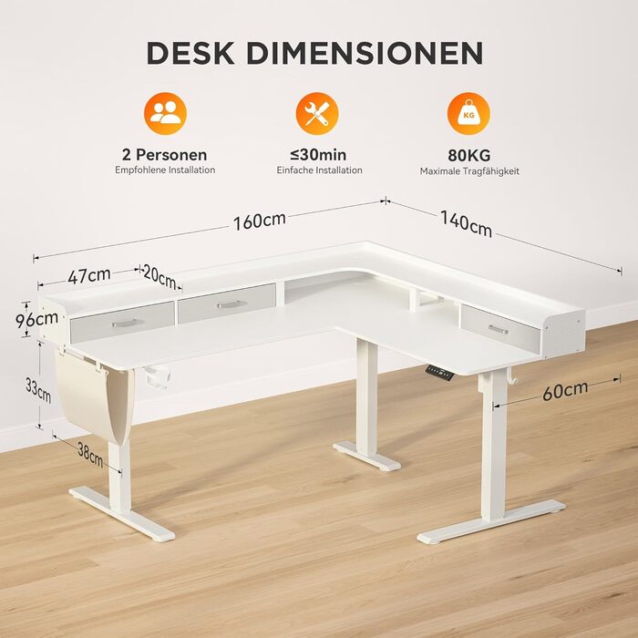 Електричний кутовий стіл L-подібної форми, 160 x 140 см, з 3 висувними ящиками, регулювання висоти, для офісу, ігрової кімнати, дому