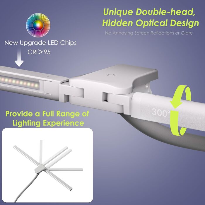 Стіл лампа з двома головками для дітей, захист очей, 16W, 72см, денне світло, диммування, пульт ДУ, лебединий шийка, матовий білий