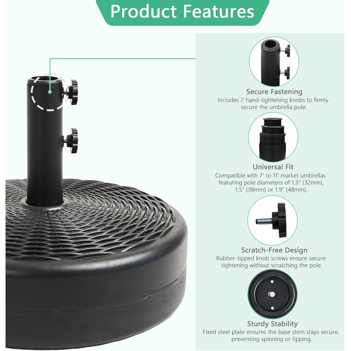 Підставка для парасольки Robuster Helios&Hestia, пластикова, для вулиці, з можливістю засипання водою/піском, 31,8 кг, чорна