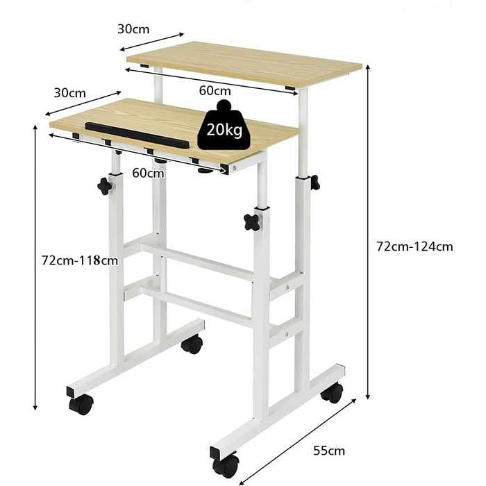 Стіл сидячи з регулюванням висоти, стіл для креслення комп'ютерного столу з коліщатками, мобільний стіл стоячи з 2 окремими робочими місцями, робочий стіл для ПК (бежевий)