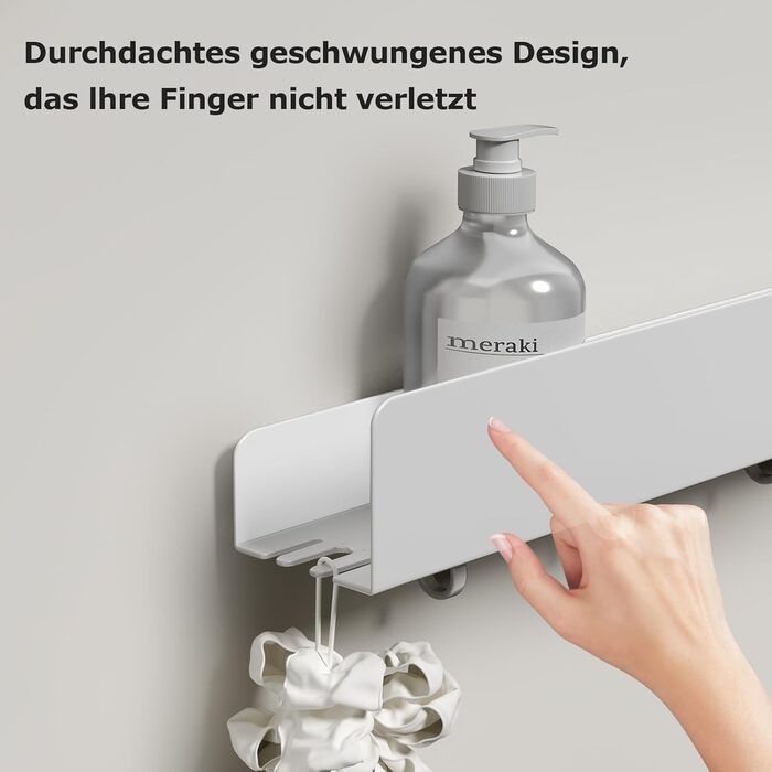 Поличка для душу REKITA без свердління, органайзер для ванної кімнати 40 см, поличка з нержавіючої сталі з 4 знімними гачками, тримач для шампуню для душу, настінна поличка, органайзер для ванної кімнати (Білий-60 см)