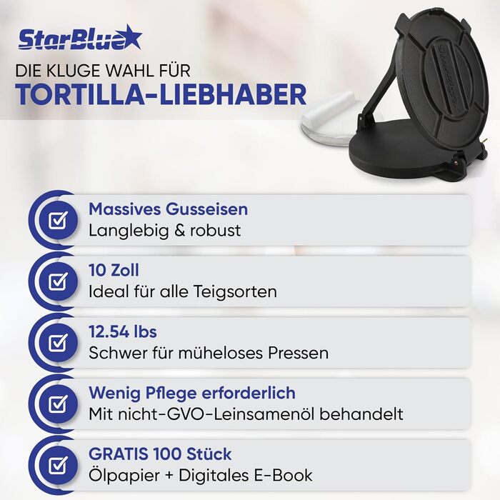 Пресс для тортилій зі сталі StarBlue 10 дюймів (25 см) з 100 шт. паперу для випікання та електронною книгою з рецептами - для приготування чіпаті, тортильї, роті