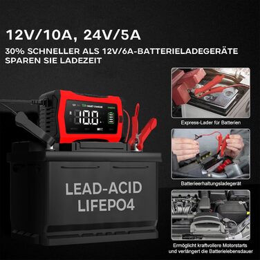 Інтелектуальне зарядне пристрій для акумулятора Haibito 12V/24V 10A з LCD-дисплеєм, для автомобіля