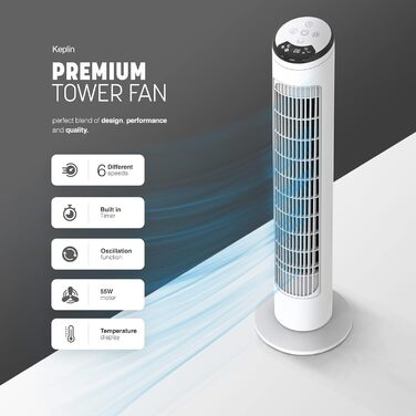 Осцилюючий баштовий вентилятор KEPLIN з пультом дистанційного керування, 55 Вт, 73 см, 90 градусів, сильний вітер, 6 швидкостей, 3 режими, відображення температури та 12-годинний таймер, ідеальні вентилятори для дому та офісу, білий