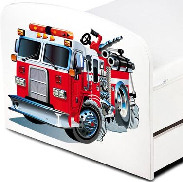 Дерев'яне ліжко Leomark з функціями для дітей - ліжко з матрацом, боковиками та ламелями, розмір спального місця 70/140 см, друк UV (пожежна машина)