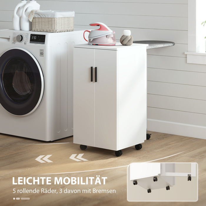 Складаний шафа-прасувальна дошка 2-в-1 на колесах з регульованою полицею для маленьких приміщень, білий