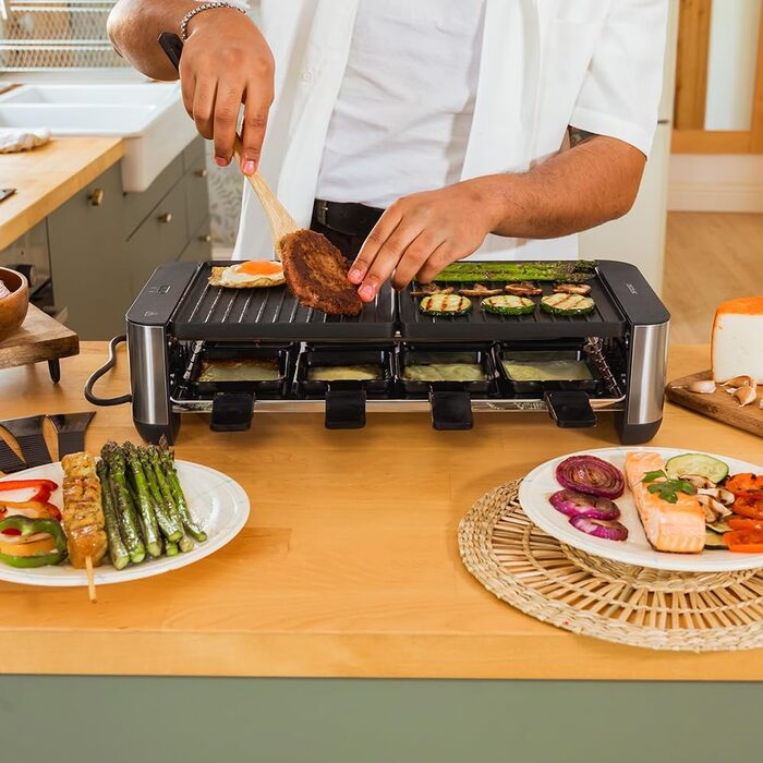 Електричний гриль-рашетниця Cecotec Raclette Cheese&Grill 16000 Inox Black для 8 осіб, 1400 Вт, з регулюванням температури та антипригарним покриттям, 40 x 22 см, 8 сковородок та 8 лопаток