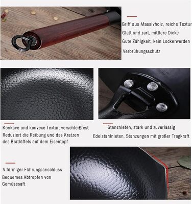 LIYGAOF Вок з кришкою 32 см з чавуну: Вок для всіх типів плит, кована чавунна сковорода, без хімічного покриття, легко миється