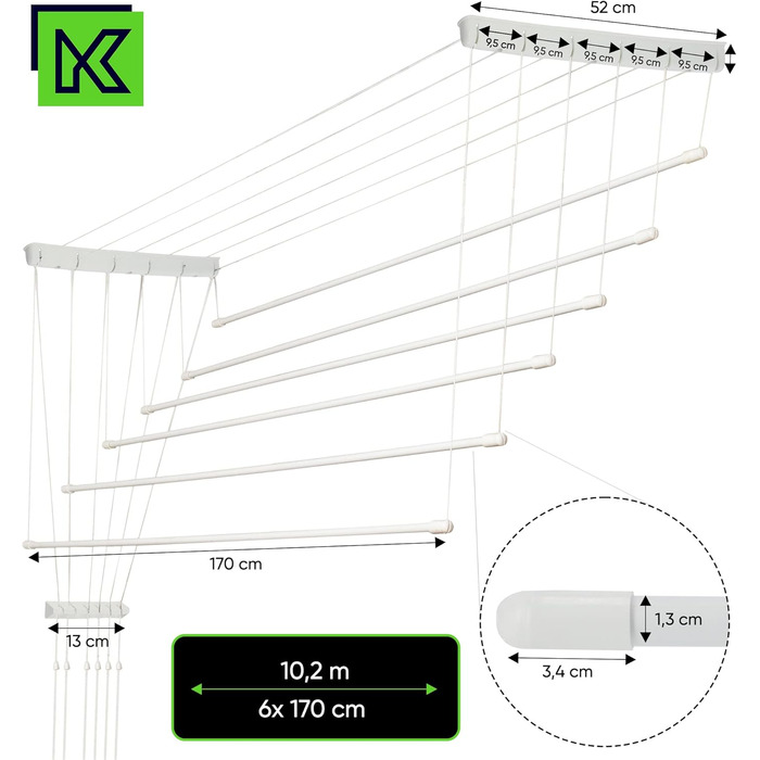 Стельова сушарка KADAX, 6 перекладин, вантажопідйомність 12 кг, 6x170, біла