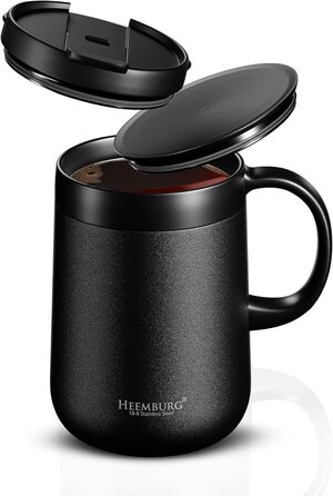 Термокружка з ручкою, подвійні стінки, вакуумна ізоляція, нержавіюча сталь 18/8, з 2 кришками, протиковзке дно, 440 мл, для офісу та робочого місця