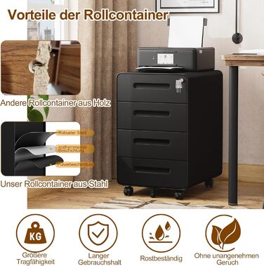 Роликовий контейнер HOMSTEEL з замком, 4 шухляди, металевий офісний шафка, чорний (46T x 40B x 64H cm)