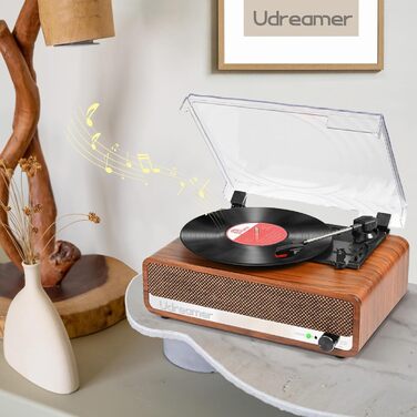 Вініловий програвач Udreamer з Bluetooth, вбудованими динаміками, USB, AUX, RCA, підтримкою навушників, 3 швидкості, ремінний привід, вінтажний дизайн, помаранчево-жовтий