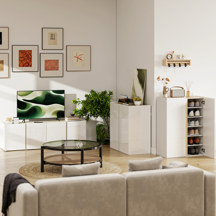 Тумба під телевізор для 65-дюймового телевізора, телевізійна шафа з м'яким закриттям дверей, регульовані полиці, отвори для кабелів, для вітальні, білий