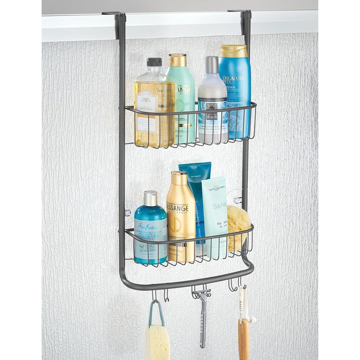 Підвісна душова полиця mDesign - практична металева душова полиця без свердління - 2 підвісні душові кошики з 6 гачками для душового приладдя та бритви - сріблястий (сірий)